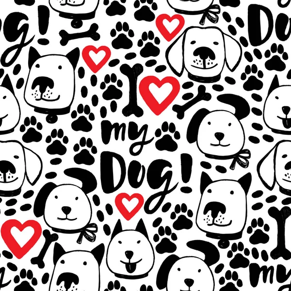 Köpek vektör mürekkebimi seviyorum. Ellerim, fırça izleri, pençeler, kemikler, kalpler ve komik köpek yüzleriyle kusursuz desenli.