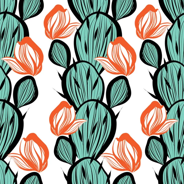 Parlak kaktüs çiçekli kaktüs illüstrasyonuyla vektör kusursuz desen