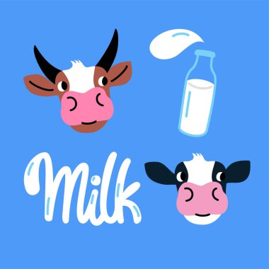 İnek başlı ve sütlü vektör kümesi