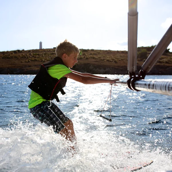 Young Sportive Teenage Boy Waterskiing Boat Adventurous Summer Holidays Sea — Stock Photo, Image
