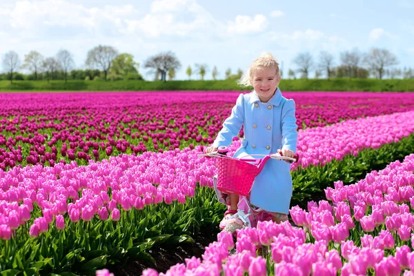 可爱的微笑的小女孩在美丽的蓝色外套骑自行车通过粉红色的花卉领域在荷兰的一个晴朗的春天天 多彩盛开的郁金香 欧洲的象征 图库照片