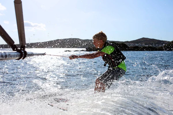 Young Sportive Teenage Boy Waterskiing Boat Adventurous Summer Holidays Sea — Stock Photo, Image