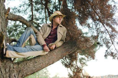 Eski bir çam ağacının dalları üzerinde oturan kovboy elbiseli Genç adam