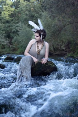 hızlı geçerli bakan-muhtemelen biri suya gelmek için bekleyen yakasında çalılıkları içine bir rock nehir ortasında oturan deniz kızı