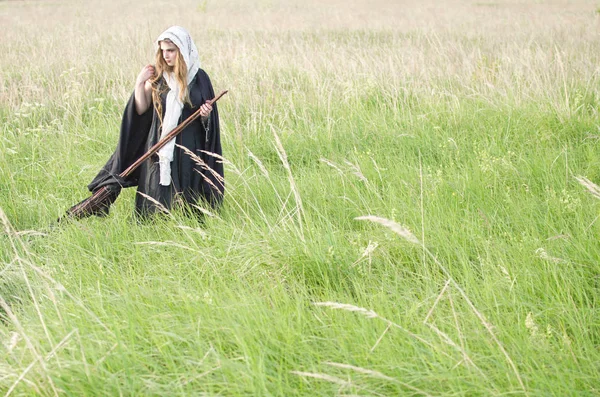 巫婆与扫帚徘徊在一个绿色的领域浓密杂草丛生的草 — 图库照片