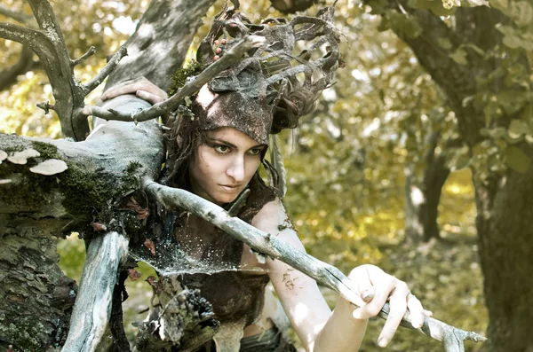 Mulher Terno Feltro Maquiagem Remédios Naturais Detritos Florestais Dryad Esconde — Fotografia de Stock