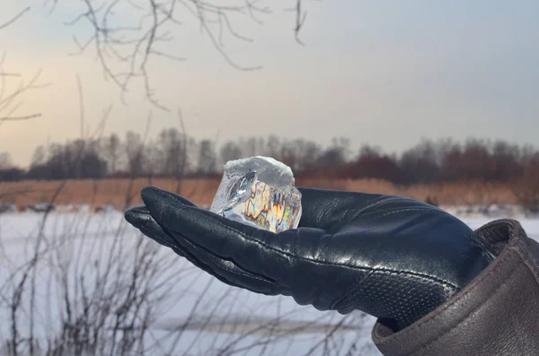 Ice Cube His Hands Wrapped Gloves Winter Come Soon — Stock Photo, Image