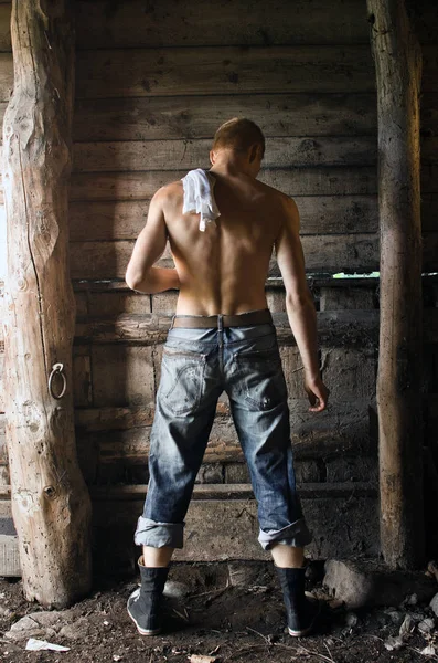 Back Handsome Man Rustic Barn — Stock Photo, Image