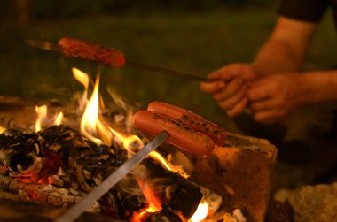 sinirli bir şiş sosis ateşe kavrulmuş
