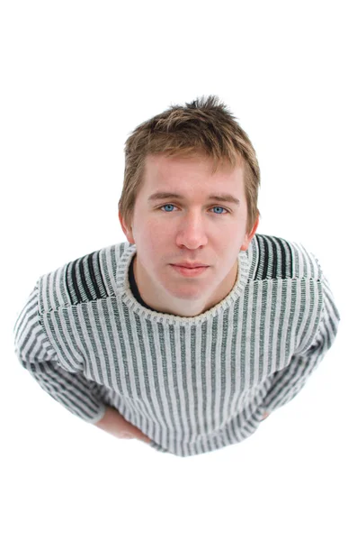 白い背景の上の灰色のセーターで若い青い目男を分離します — ストック写真