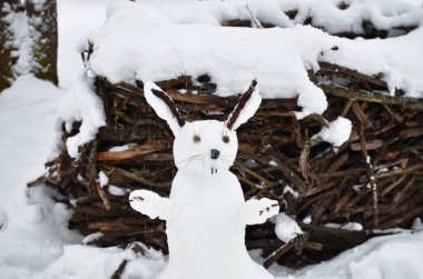 bir tavşan şeklinde kardan adam. Yeni yıl tavşan kar