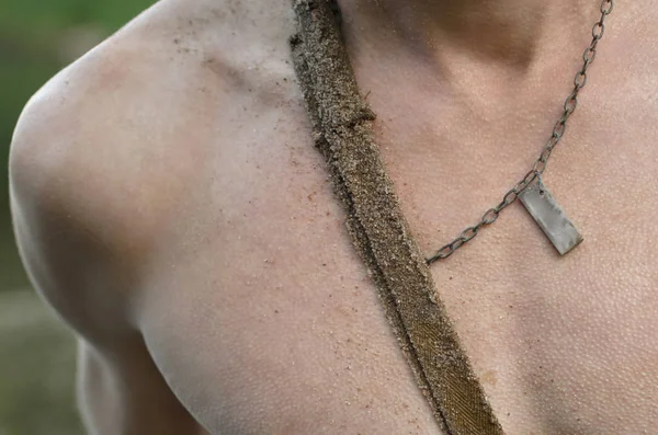 Men Breasts Badge Chain Close — Stock Photo, Image