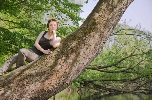 Молодая Женщина Отдыхает Лесном Парке Летом Стволе Большого Дерева — стоковое фото