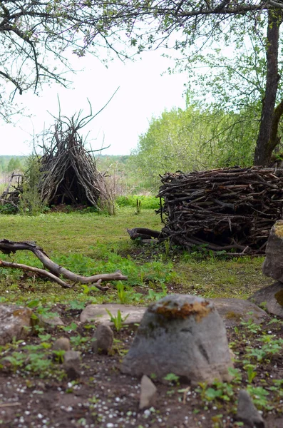 Rifugio Nido Vecchi Rami Secchi Come Oggetti Arte Nel Giardino — Foto Stock