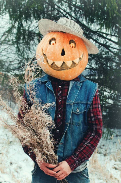 Homem Traje Halloween Retrata Espantalho Com Buquê Seco Suas Mãos — Fotografia de Stock