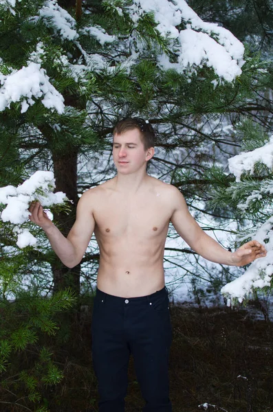 Молодий Чоловік Сорочки Зимовому Лісі Посипає Сніг — стокове фото