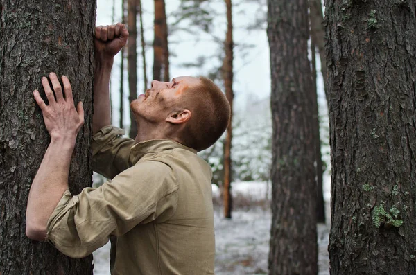 Young Soldier Mud Bruises His Face Leaned Trunk Pine Tree Stock Picture