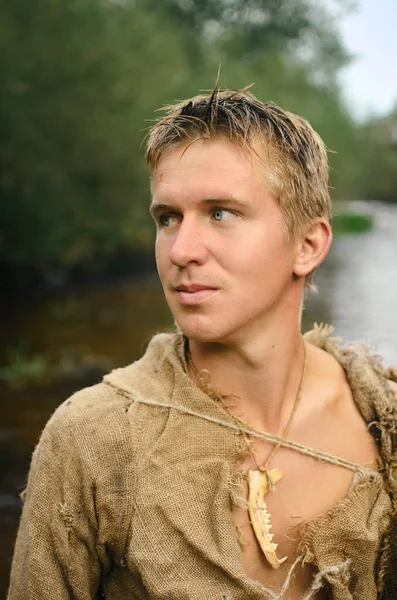 Portrait Young Medieval Guy Bone Amulet His Neck — Stock Photo, Image