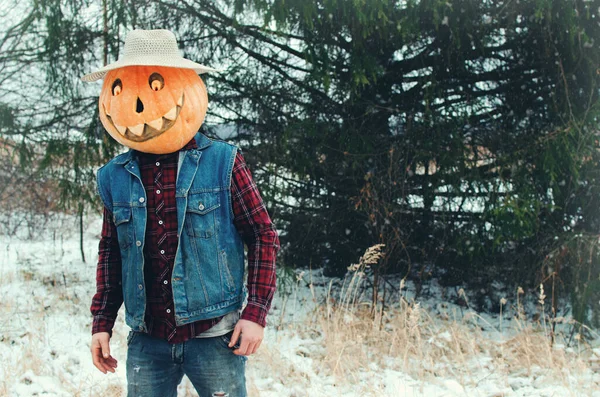 Espantalho Halloween Com Uma Abóbora Cabeça Vagueia Pela Floresta — Fotografia de Stock