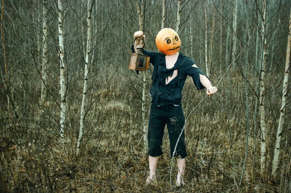 Halloween Vogelverschrikker Met Een Pompoen Zijn Hoofd Een Antieke Lantaarn — Stockfoto