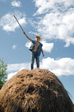Kovboy şapkalı genç adam samanlıkta bir yaba ile