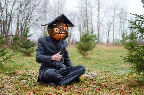 Espantapájaros Halloween Traje Negocios Con Portátil Sus Manos Sentado Bosque — Foto de Stock