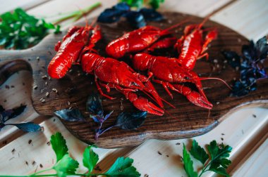 Kerevit kırmızı mutfak tahtası fesleğen dereotu ile haşlanmış