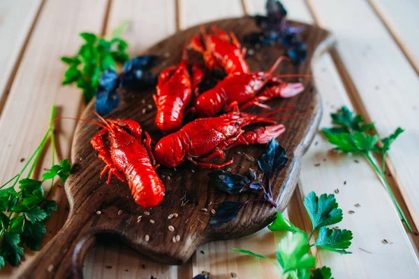 Crayfish Red Boiled Kitchen Board Basil Dill — Stock Photo, Image