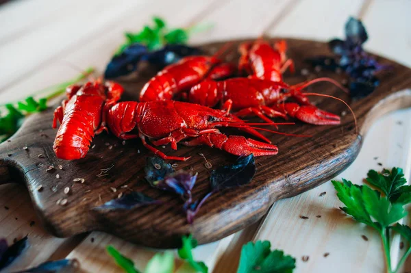 Lagostim Vermelho Cozido Uma Placa Cozinha Com Manjericão Endro — Fotografia de Stock