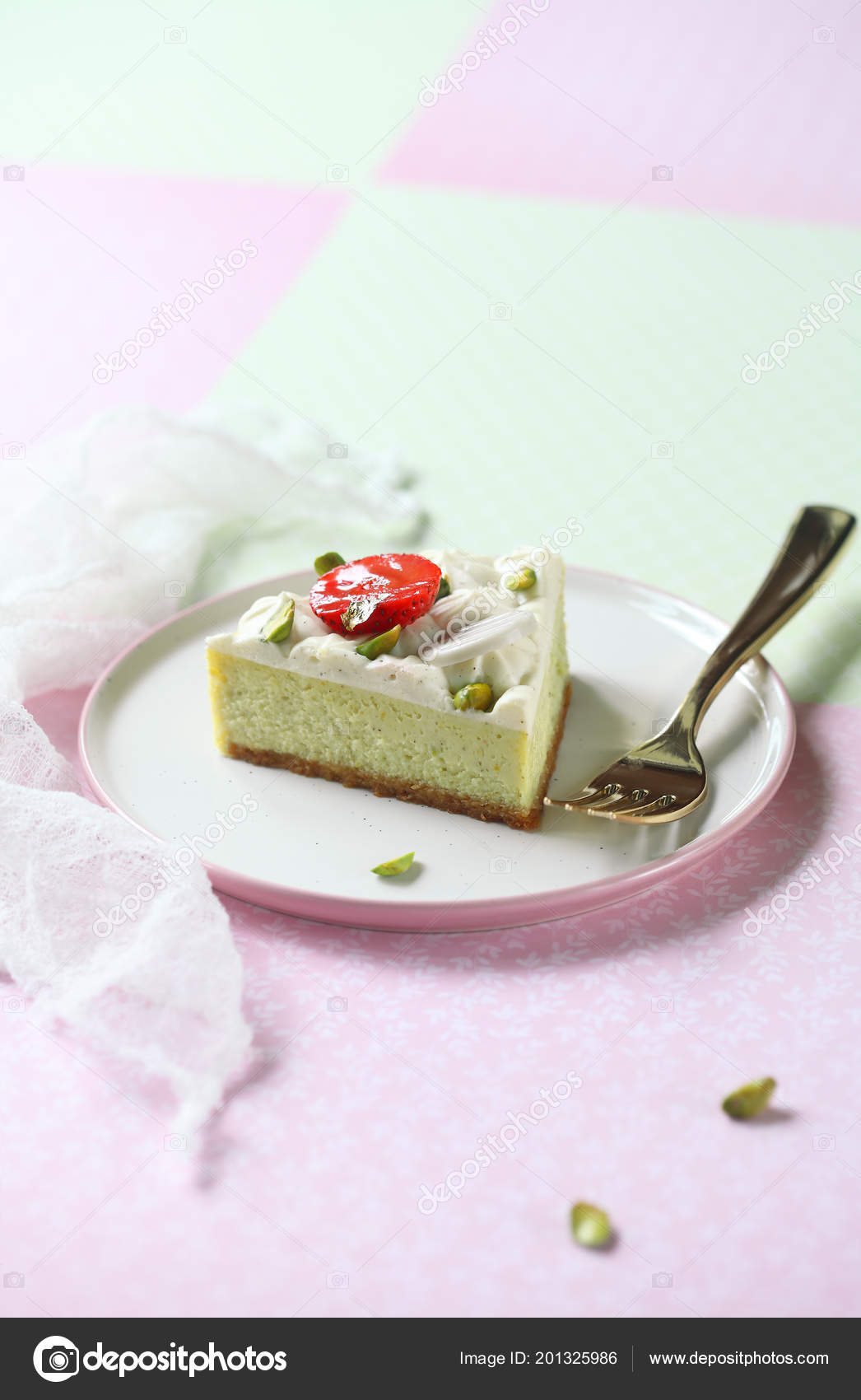 Piece Pistachio Cheesecake Vanilla Diplomat Cream Light Green Pink Background Stock Photo by