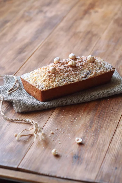 Caramel Hazelnut Financier Crumble Topping Traditional French Cake Wooden Table — Stock Photo, Image