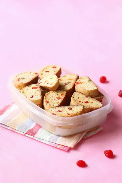 Traditional Italian Biscotti Candied Fruits Box Light Pink Background — Stock Photo, Image