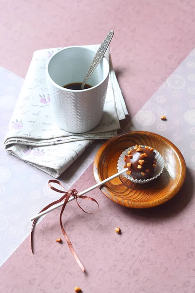 Chocolate Cake Pops Sprinkled Nuts Little Wooden Plate Grey Brown — Stock Photo, Image