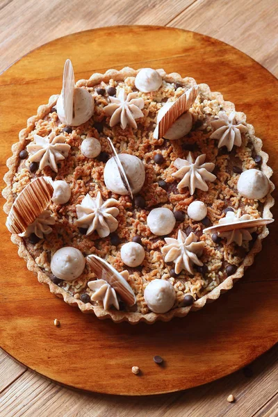 Chestnut Tart Crumble Topping Decorated Chocolate Discs Wooden Board Wooden — Stock Photo, Image