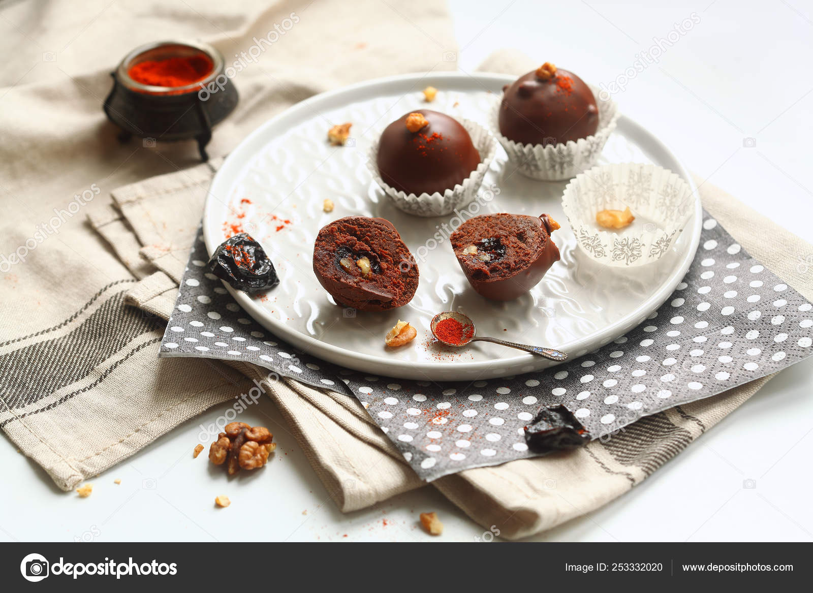 Chocolate Cake Pops Prunes Walnuts Smoked Paprika Served Paper Cups ...