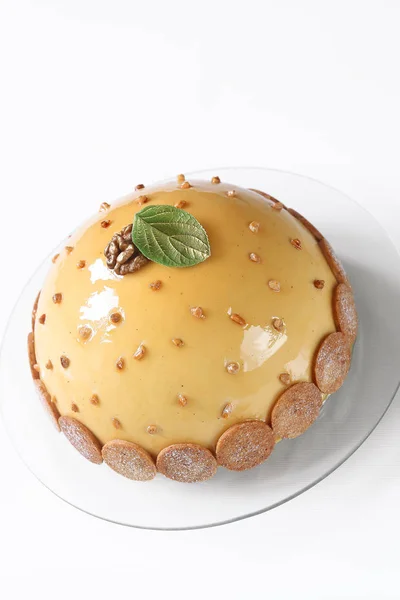 Contemporary Dome Mousse Cake Covered Caramel Mirror Glaze Decorated Shortcrust — Stock Photo, Image