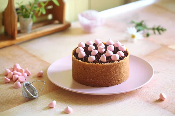 Pastel Trufa Chocolate Una Corteza Galleta Graham Decorado Con Galletas — Foto de Stock