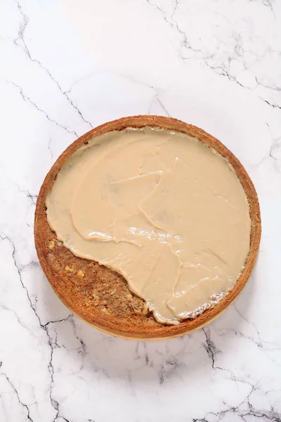 Step Step Process Making Modern Caramel Apple Mousse Cake — Stock Photo, Image