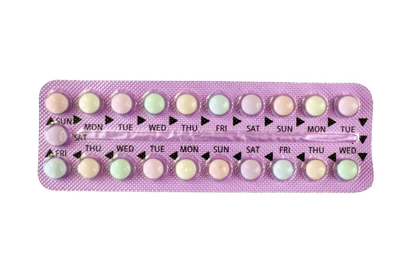 Pilule Contraceptive Orale Colorée Bande Violette Isolé Sur Fond Blanc — Photo