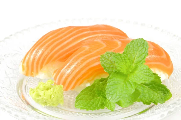 Salmon Sushi Wasabi Mint Leaves Popular Japanese Cuisine Wich Rich — Stock Photo, Image