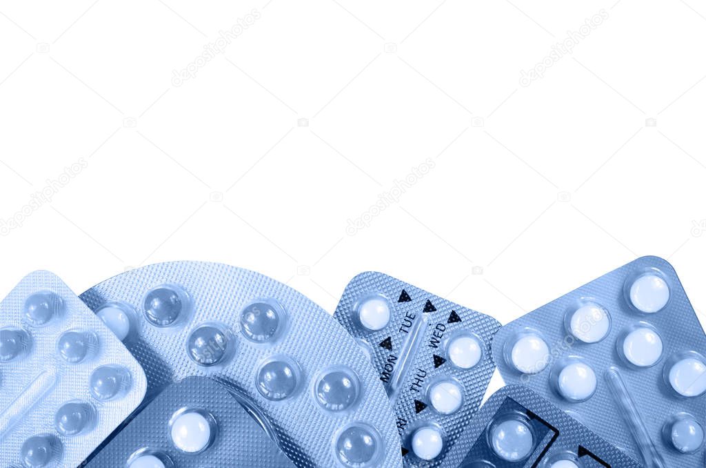 Oral contraceptive pill strips isolated on white background with clipping path.