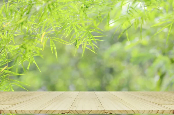 Empty Wooden Table Blurred Bamboo Forest Bokeh Background Background Product — Stock Photo, Image