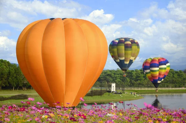 Buntes Ballon Und Kosmosfeld Über Hellem Himmel Mit Wolken — Stockfoto