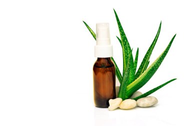 Aloe Vera ayrılıyor ve Aloe Vera ürünleri beyaz arka planda kopyalanmış.