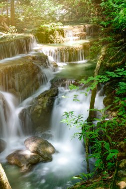 Şelalenin güzel manzarası ve yeşil yapraklar Kanchanaburi, Tayland 'daki Huaymaekamin Şelalesinin ferahlatıcı ve rahatlatıcı arka planı.