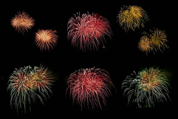 Conjunto Fuegos Artificiales Colores Para Decoración Aislada Sobre Fondo Negro —  Fotos de Stock