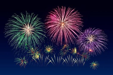 Renkli havai fişek kutlaması ve alacakaranlık arkaplanı.