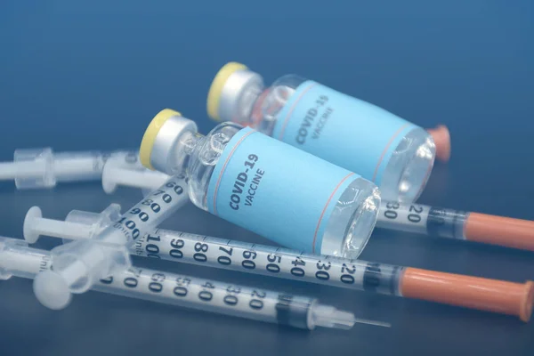 Dois Frascos Amostra Vacina Covid Sobre Fundo Preto Covid Vacina — Fotografia de Stock