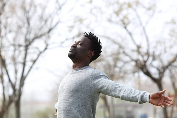 一个心满意足的黑人站在公园外 闭着眼睛呼吸新鲜空气 — 图库照片