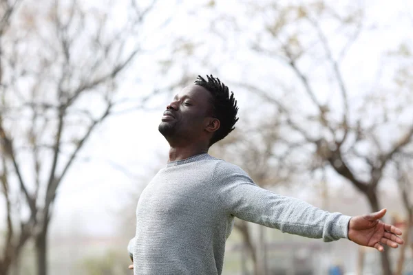 Satisfied Black Man Breathing Fresh Air Eyes Closed Standing Park — Stock Photo, Image